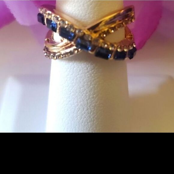 Blue Sapphires & White Baguette Diamond 18K Gold Cocktail Ring on 925 Silver - Picture 2 of 4